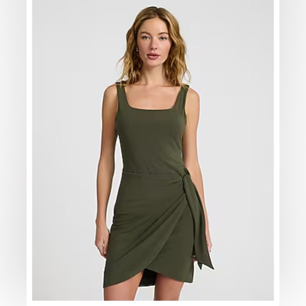 Express Scoop Neck Tie Wrap Mini Sheath Dress Olive  XL